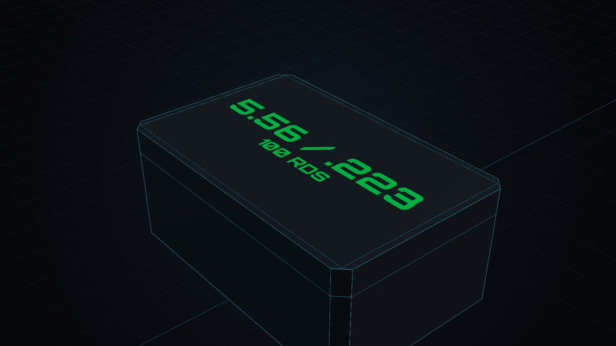 Black ammo case with 5.56 / .223 and 100 RDS printed on the lid in green